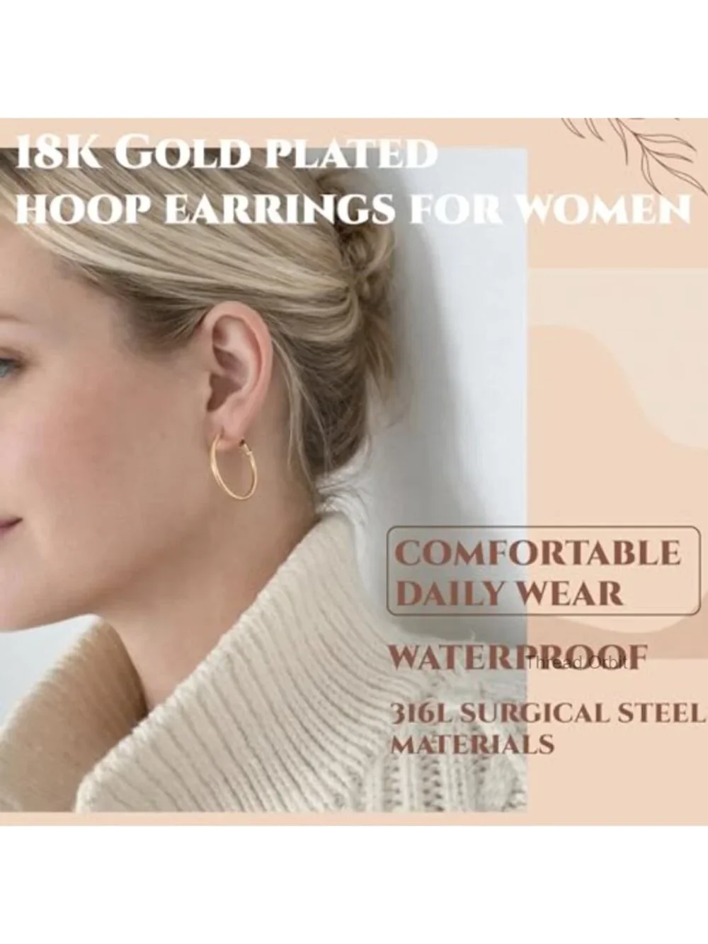 18K Gold Plated Hoop Earrings, Hypoallergenic Surgical Steel, Secure Clasp